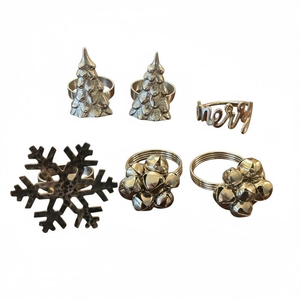 Set of 6 Crate&Barrel Christmas Holiday Silver Napkin Rings